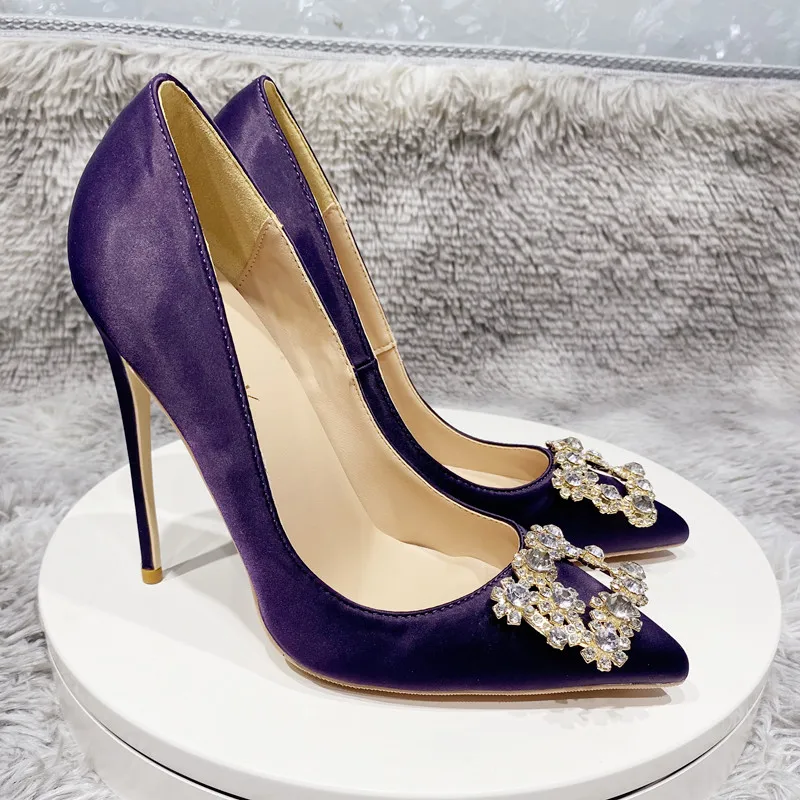 

12cm Women's high heels,Purple silk high heels party shoes, nightclubs, Shiny diamond square buckle, black satin single shoes