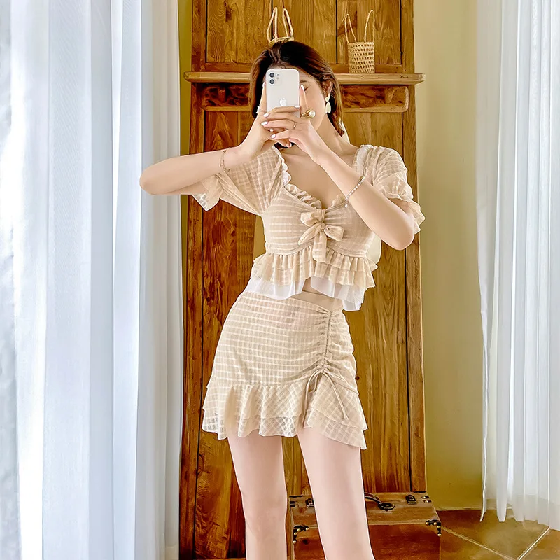 

Женский купальный костюм 2021, купальник-танкини большого размера с эффектом пуш-ап, женский купальник в стиле ретро, Корейская популярная юб...