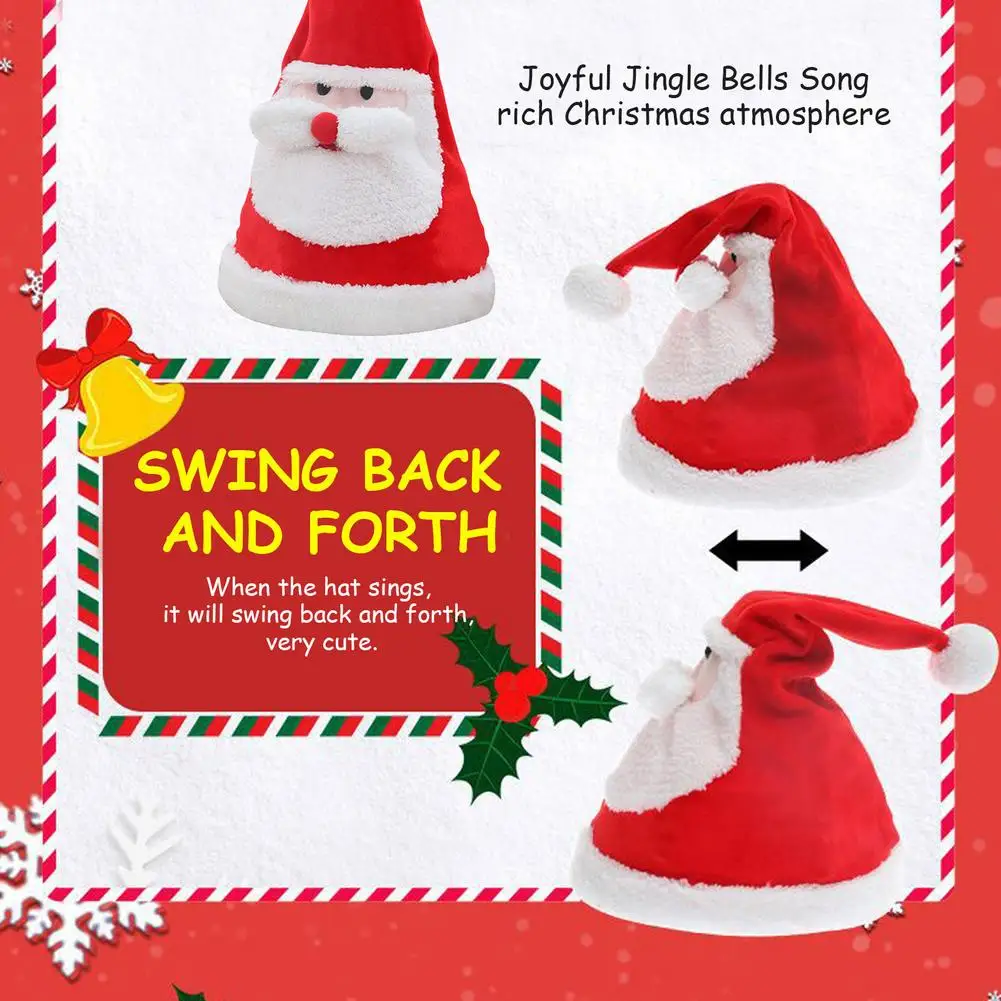 

Soft Plush Warm Christmas Santa Clause Hat with Movable Ears Musical Colorful Lights Soft Cap Christmas Gift for Children Adults
