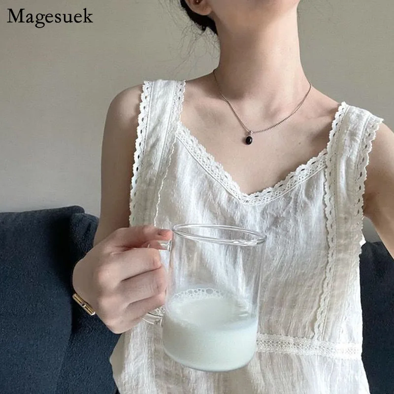 

Женская блузка без рукавов с V-образным вырезом, топы, винтажные кружевные вязаные женские майки, летняя новая жилетка, женская одежда, блузы...