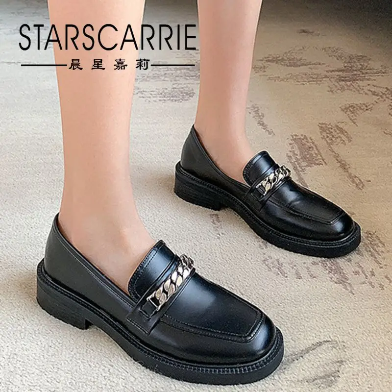 British fenglefu shoes women's 2021 spring new black low heel shoes metal chain women's shoes