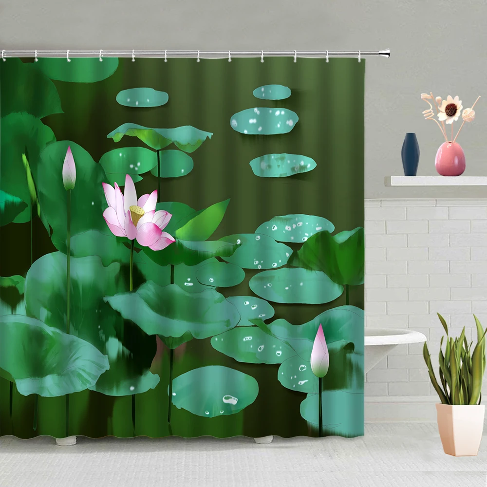 

Shower Curtains Summer Green Leaf Water Lily Lotus Dew Dragonfly Natural Scenery Pattern Waterproof Polyester Fabric With Hooks