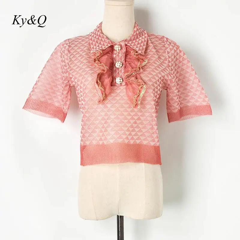 Женская жаккардовая блузка с короткими рукавами розовая Прозрачная кружевная