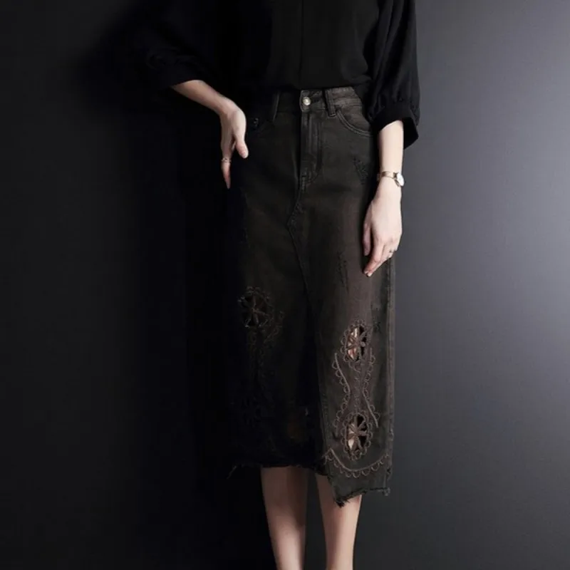 Женская длинная джинсовая юбка элегантная офисная винтажная трапециевидной