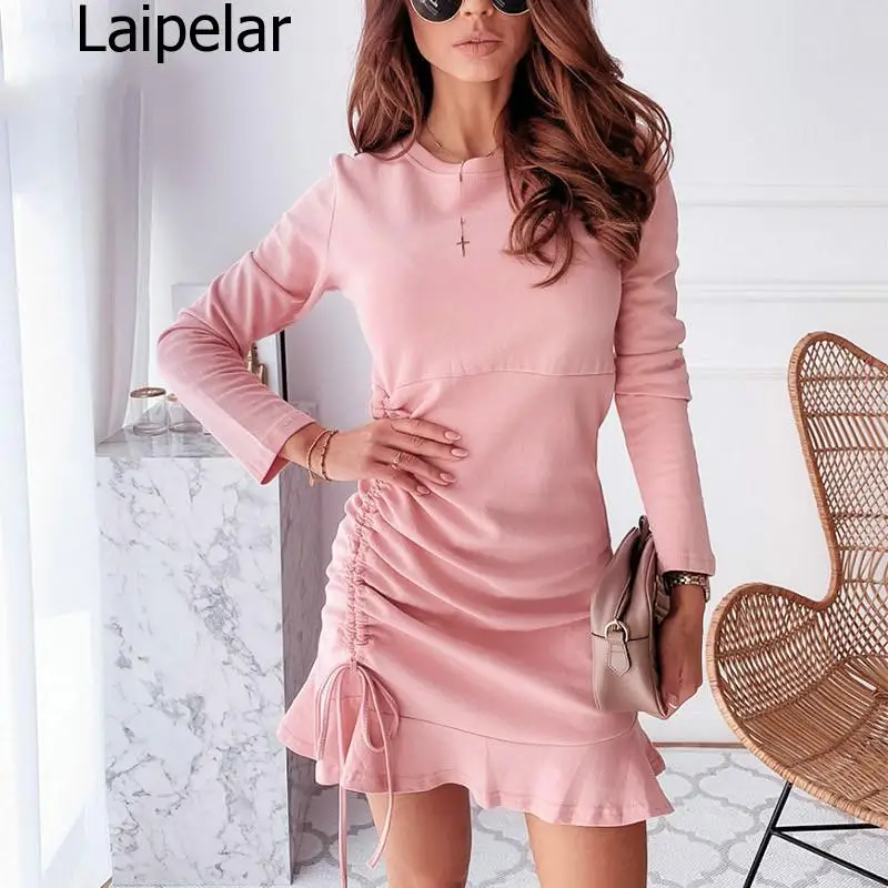 Сексуальное мини платье с круглым вырезом и высокой талией длинными рукавами