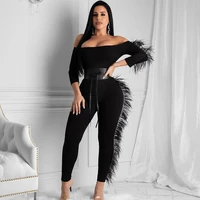 black white off shoulder sexy jumpsuits for women slash neck long sleeve side feather party club rompers womens jumpsuit mono