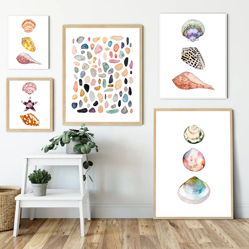 

Pastel Colored Sea Shell Watercolor Poster Ocean Pebbles Canvas Painting Wall Art Education Picture Retro Kid Room Home Decor