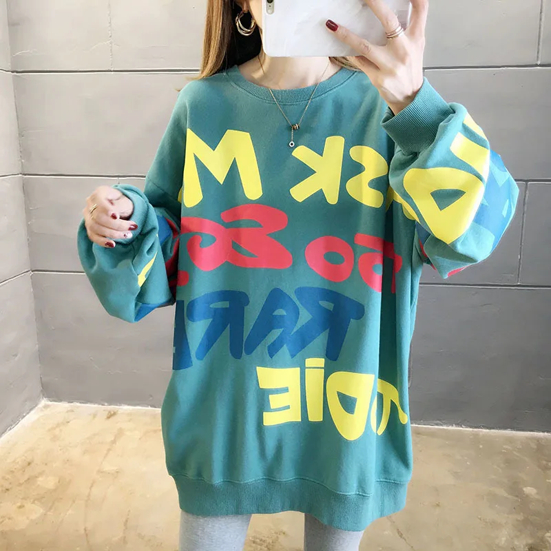 

2021 Women Sweatshirt Winter Korean O Neck Letter Print Casual Pullovers Fashion Long Sleeve Fleece Sweatshirt Women