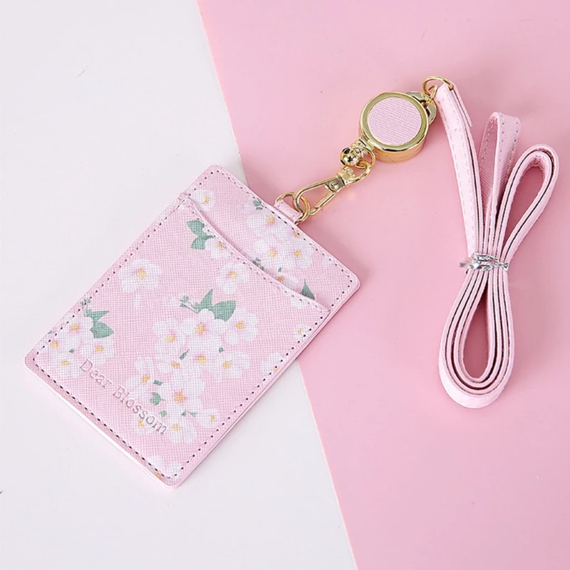 

Cute Flowers PU Leather Bus ID Credit Card Holder Case Portable Badge Retractable Neck Strap Lanyard for Office Work
