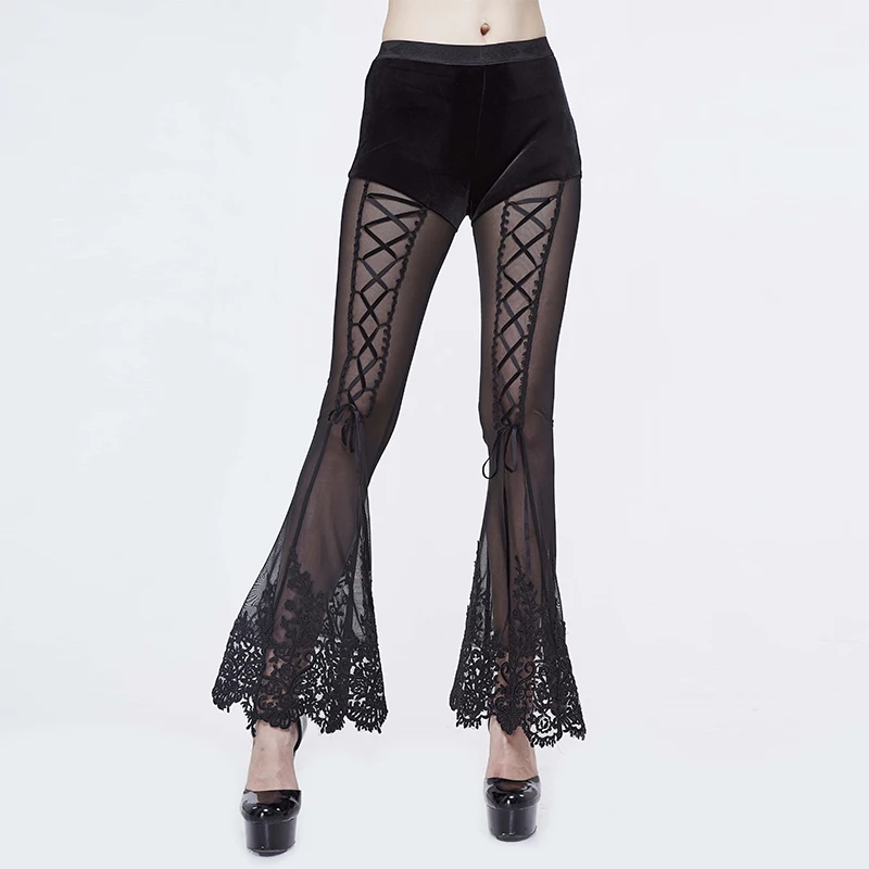 Gothic Womens Lace Pants Sexy Transparent Long Trousers See-through Patchwork Flare Pants