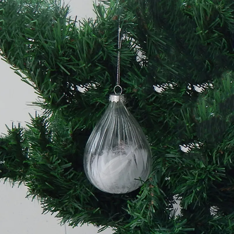 

12pcs/pack Diameter=8cm Small Size Transparent Striped Glass Pendant Christmas Day Decoration Drop Shaped Inner Feather Hanger