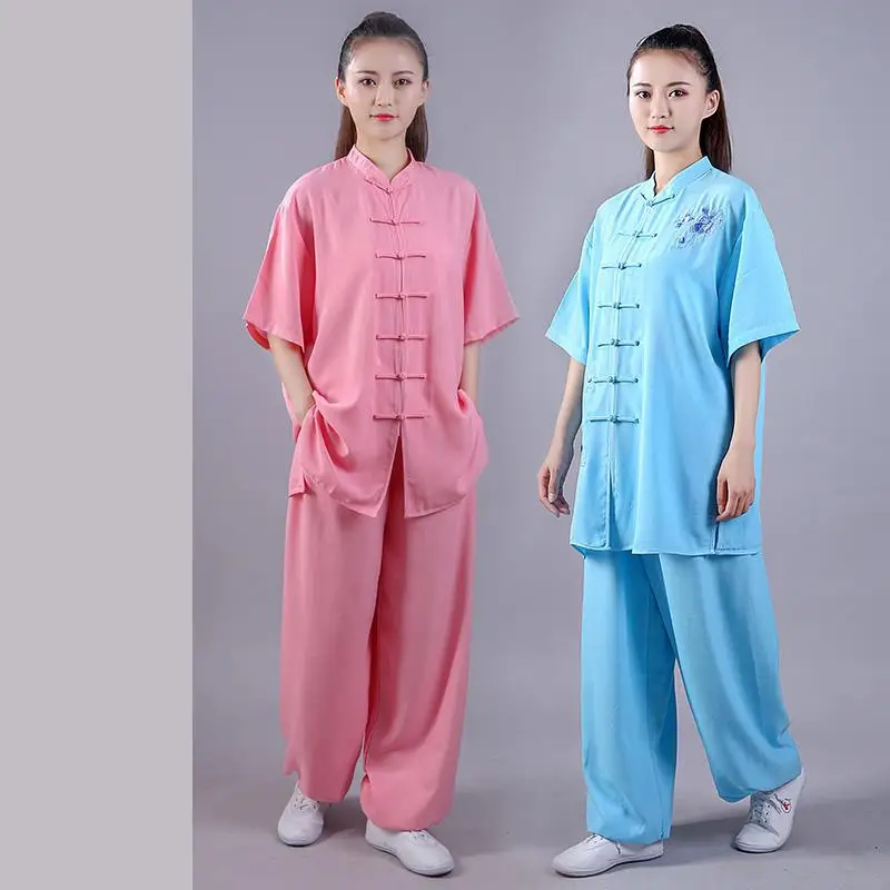 

Костюм женский с вышивкой и коротким рукавом, традиционная китайская хлопковая льняная одежда кунг-фу для представлений, униформа ушу