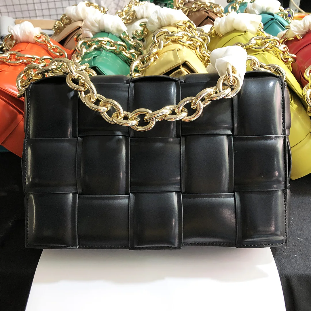 

Solid Color Plaid Weave Messenger Bags Golden Metal Chain Women Handbags Shoulder Ladies Daily Purses Dropshipping Totes Female