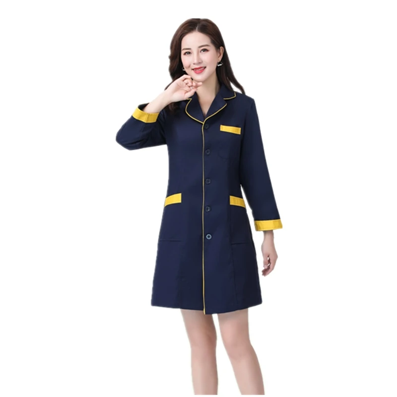 Blue Long Sleeve Женская Больничная медицинская форма медсестры короткий и длинный салон красоты хирургическая аптека лабораторное пальто клиника тонкий Халат Спа-скрабы комбинезоны - Цвет: Blue Long Sleeve