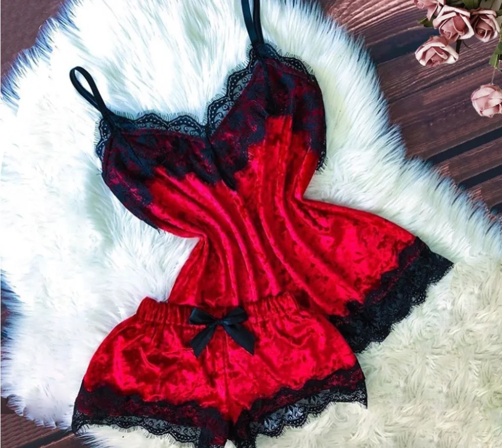 Пижама сексуальное нижнее белье Атласный пижамный комплект белые кружевные