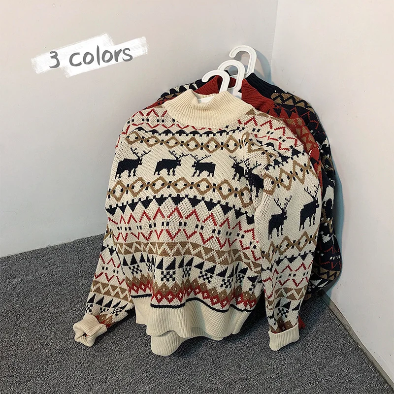 

Sweater men's loose new year's half high collar Christmas T-shirt