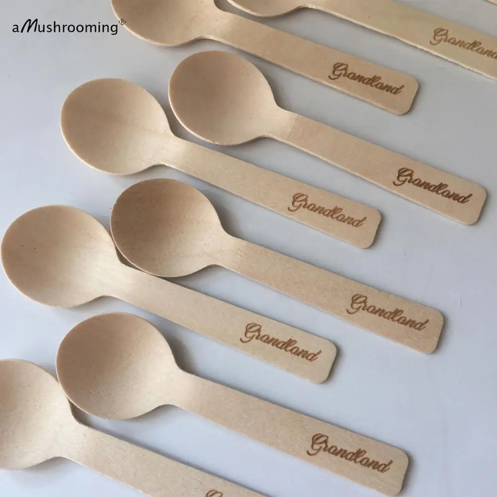 

Wholesale Ice Cream Spoons Custom Disposable with Monogram or Graphic Font Wood 500 pcs