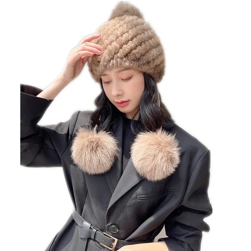 Real Mink Fur Hat with Genuine Fox Fur Pompom Women Winter Knitted Ear Protector Cap Outdoor Ski Hat