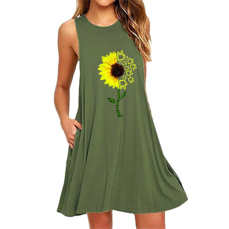 

Maternity Dress Sunflower Print Sleeveless Slim A-line Pocket Skirt Women's Home Pajamas