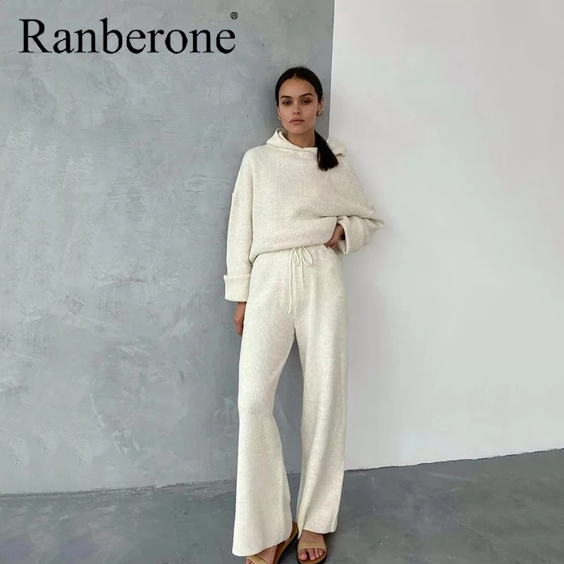 Ranberone 2 Piece Sport Suit Female Loose Solid Casua Women's Tracksuit Long Sleeve Pockets Hoodie High Waist Pants Sportswear