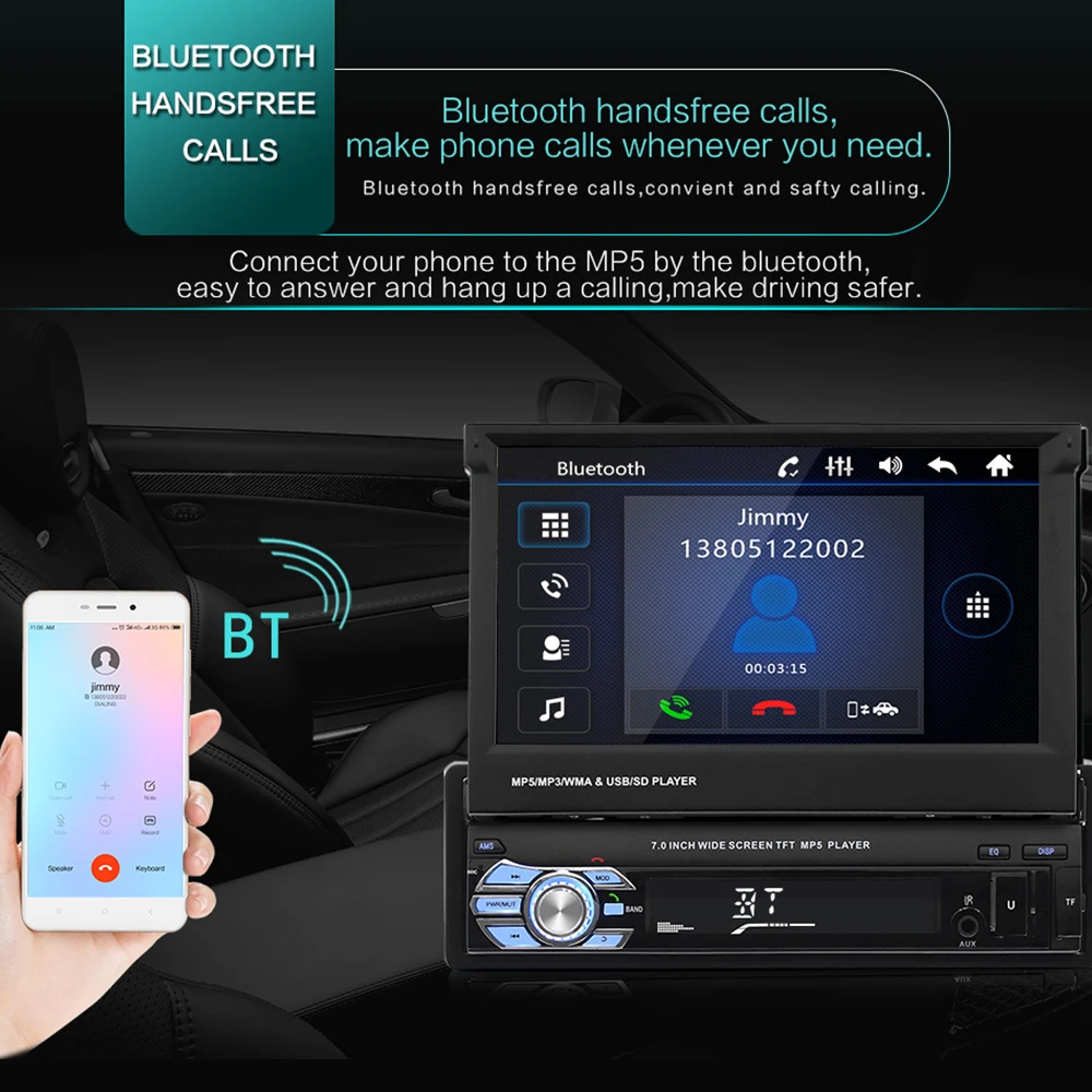 7 inch Bluetooth 1080P Auto Car MP5 Player 1DIN Retractable screen 21-key control FM/USB/AUX Rear view Touch Screen |