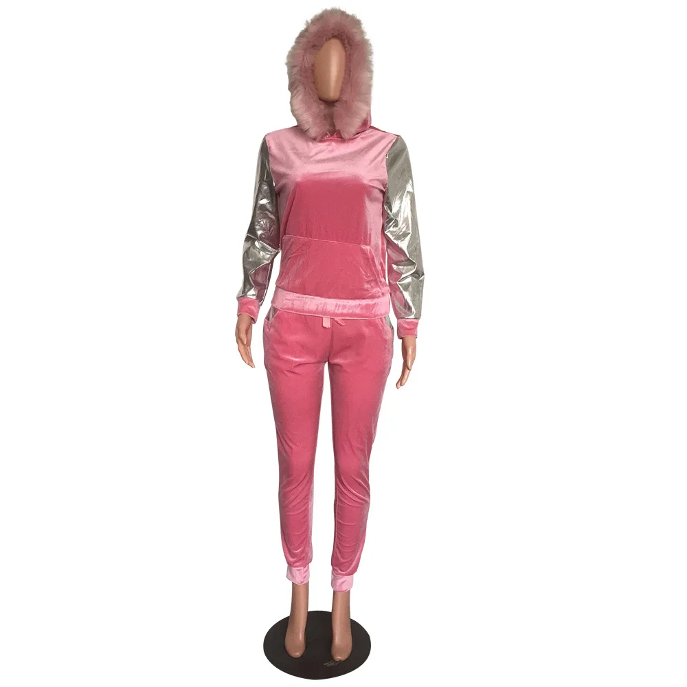 pink Wjustforu с меховым капюшоном, комплект из двух предметов, женский теплый элегантный бархатный спортивный костюм для женщин, облегающий Модный комплект из двух предметов - Цвет: pink