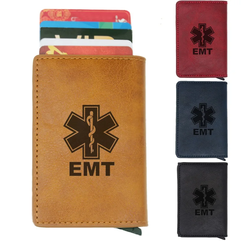 Классический черный EMT аварийный медицинский техник Rfid держатель для карт мужские кошельки винтажные короткие кожаные тонкие маленькие кошельки