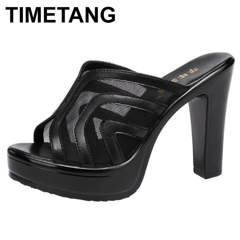 

TIMETANG Fashion Footwear Sandals Women Summer Open Toe Platform Lace Black High Heel Peep Toe Chunky Heels