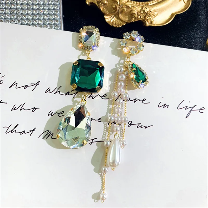 FYUAN Long tassel Green Crystal Asymmetry Earrings Korean Transparent Water Drop for Women Wedding Jewelry Gifts | Украшения и
