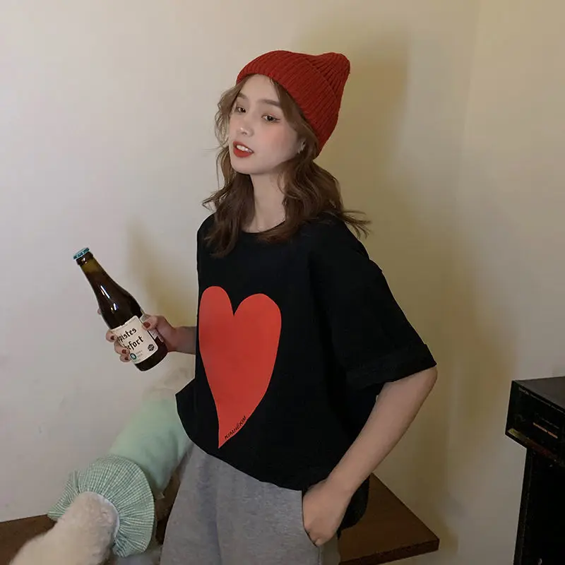 

Women's 2021 new love T-shirt women's spring loose thin short sleeve top round neck Pullover Top Large