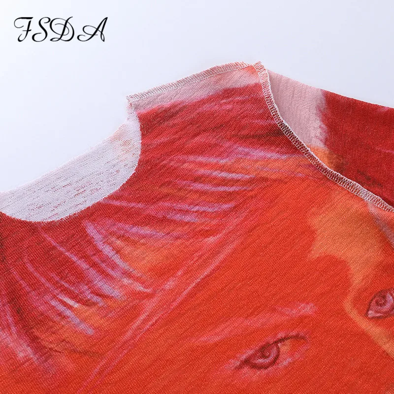 

FSDA Print 2021 Summer Short Sleeve Crop Top And Bodycon Skirt Y2K Women Set Sexy Orange Party Two Piece Sets