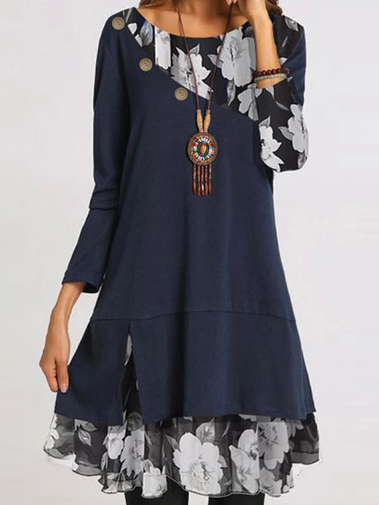 2021 Hot Selling Women Fashion Chiffon Printed Loose Plus Size Dress  Print Leisure Style Tunic Elegant Long Sleeve Dresses