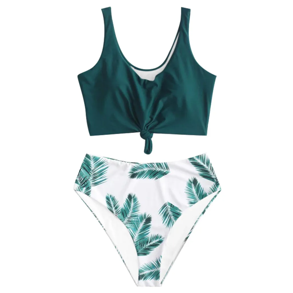 Женский купальник с тропическим растительным принтом пляжный лямкой вокруг шеи