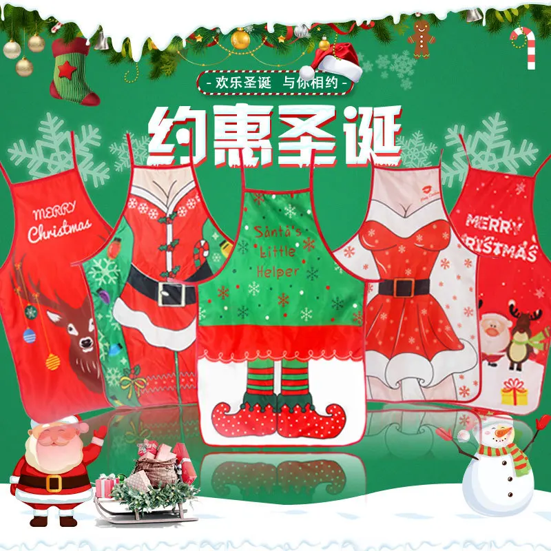 1Pcs Red Christmas Apron Pinafore Cotton Linen Aprons 50*70cm Adult Bibs Home Kitchen Cooking Baking Cleaning Accessories