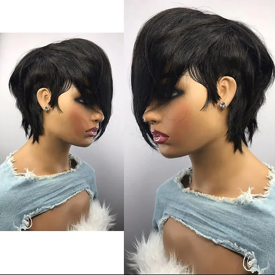 Women's Real Human hair wig Human hair Blend Wig Short Pixie Cut brazilian wig for Women with bangs