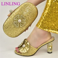 new nigerian fashion golden color italian design noble party women shoes and bag set with special flower style decoration
