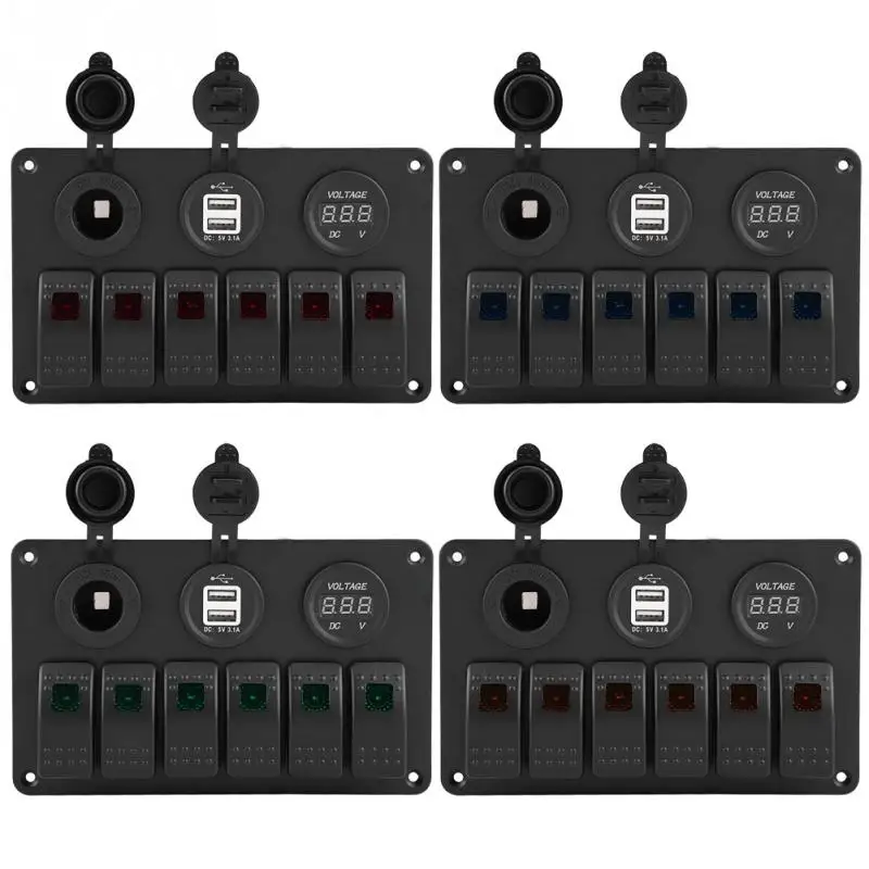 12V 24V 6 Gang Car Boat Marine LED Rocker Switch Panel Dual USB Voltmeter Cigarette Lighter Charge 4 Color | Автомобили и