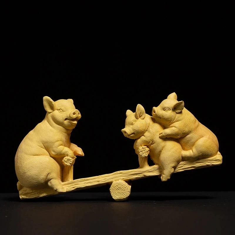 

12 Zodiac Pig Play Seesaw Boxwood Carvings Solid Wood Home Lucky Feng Shui Living Room Decoration Carving Crafts Collection