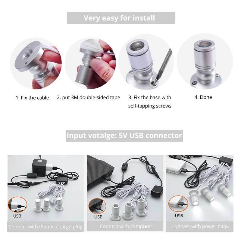 Mini LED Spot Downlight 1W 5V USB dimmable spotlight model display wine cabinet small mini counter hand-run exhibition case |