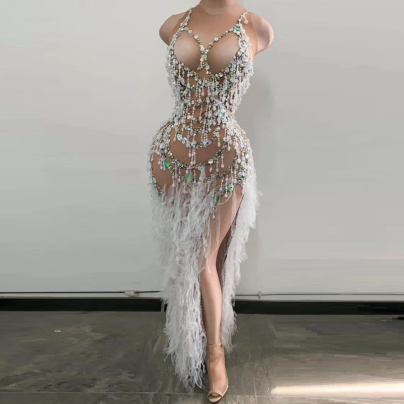 

elegant Tassel rhinestone sequin long Dress High Split Women sexy Singer Prom Birthday Celebration Evening Party designer Dress