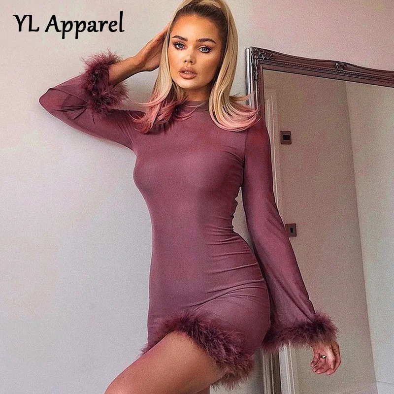 

Fashion Women Autumn Winter Faux Fur Patchwork Bodycon Party Nightclub Dress Causal Female Y2K Purple Pink Office Vestidos 2022