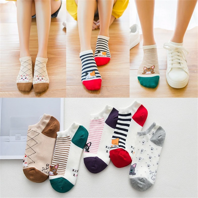 

Summer Soft Socks Cartoon CAT comfortable cotton bamboo fiber girl women's socks ankle sock female candy color hosier 1pair=2pcs