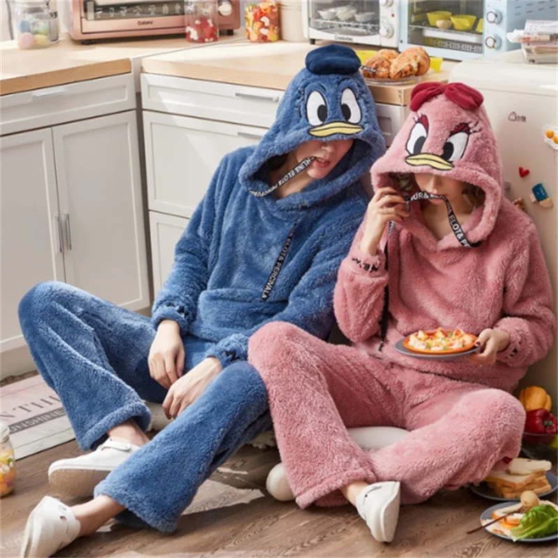 

Kawaii Winter Thick Pajamas Set Couple Sleepwear Cartoon Duck Pijamas Suit for Men Mejur Casual Home Wear Lover's Hooded Pajamas