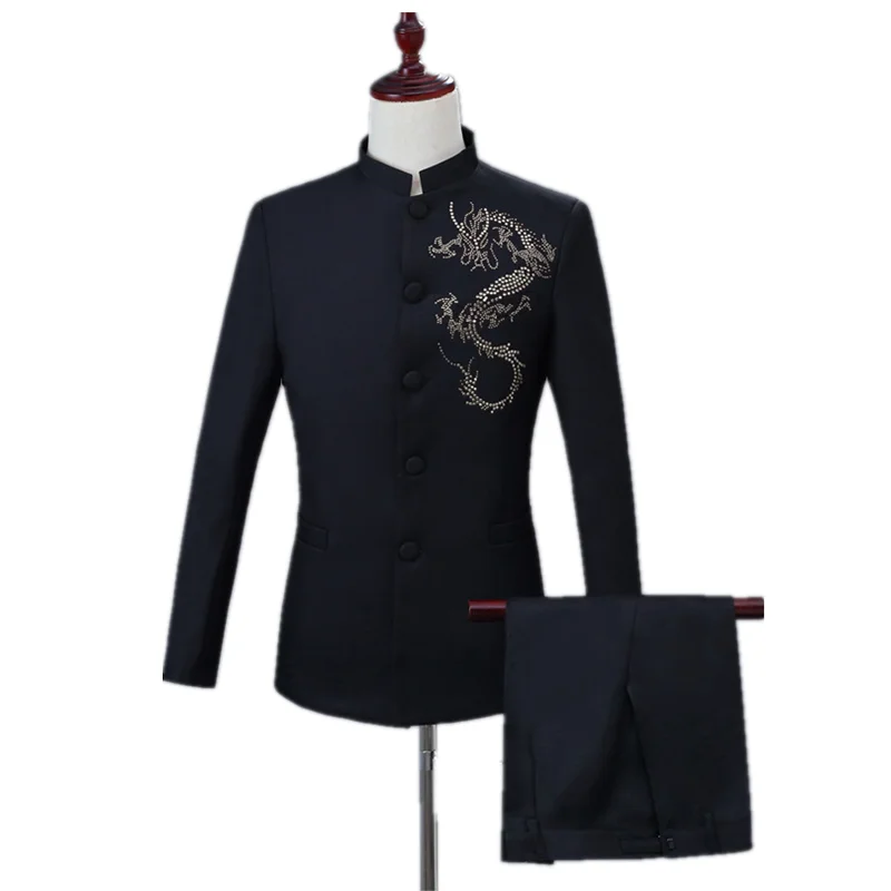 

Men's Chinese-style suit set slim stand-up collar dragon-shaped inlay diamonds adorn Chinese tunic suit 2 piece set (coat+pant)