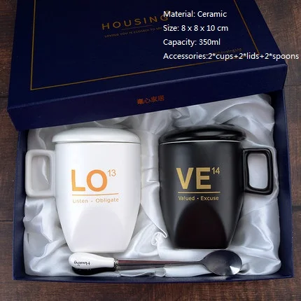 2PCS-(GIFT BOX) OUSSIRRO 2 шт./компл. Творческий Керамика пара чашка кружка любовь ко Дню Святого Валентина свадьбы подарки на день рождения с крышкой с подарочной коробкой - Цвет: 2PCS-(GIFT BOX)