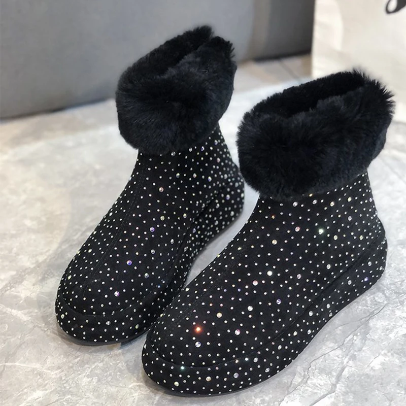 

Новинка 2022, женские зимние ботинки со стразами, модные теплые меховые ботинки на плоской подошве, Короткие Плюшевые ботинки на молнии, женск...