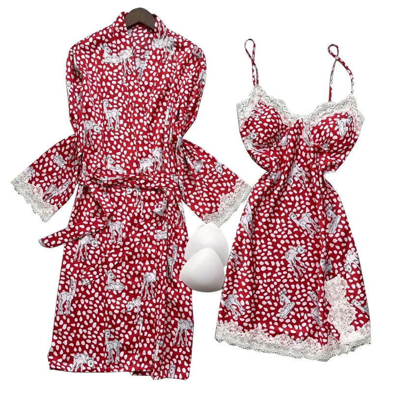 

Robe Women Satin Kimono Bathrobe Gown 2 Piece Set Sexy Sleepwear Intimate Lingerie Silky Bridal Wedding Gift Print Nightgown