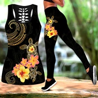 polynesian tattoo turtle 3d printed hollow tank top leggings set fitness female full length leggings running pants ddk83