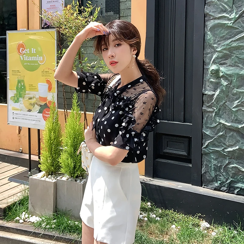 Women Blouses 2020 Fashion Short Sleeve Chiffon Shirt Polka Dot Shirt Top Blusa Womens Tops and Blouses