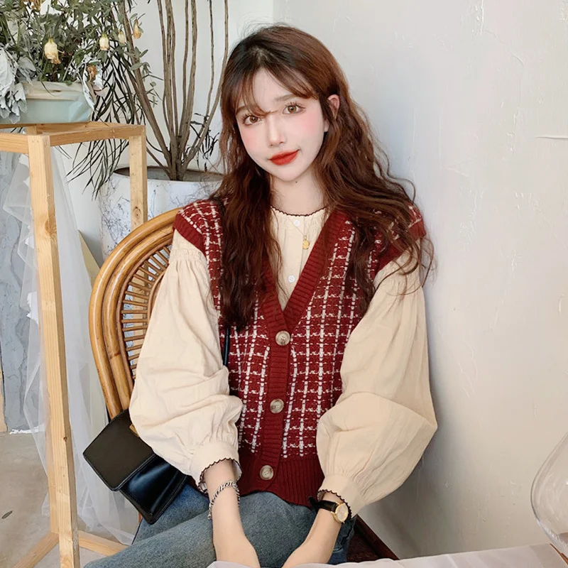 

Large Sweater Vest Knitted Cardigan Women's Spring and Autumn Outside with Loose Long Sleeved Shirt Two-piece Set